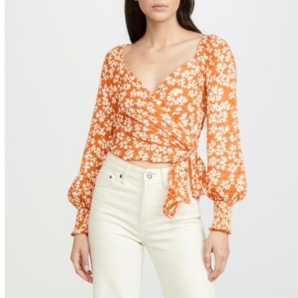 Bershka Wrap Top S Orange Daisy Floral V-Neck Cropped Bohemian Beachy Summer - Picture 1 of 12
